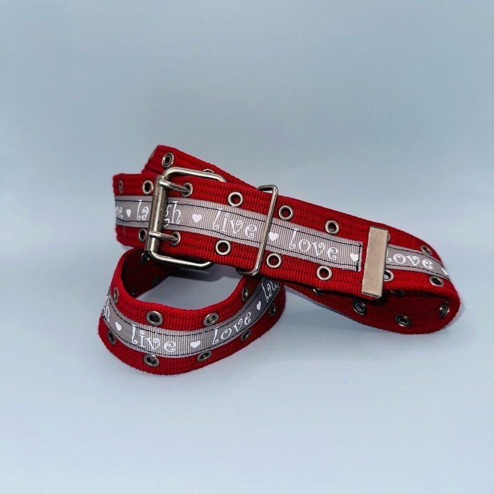 Red belt with ❤️live💜love♥️laugh ribbon. 1.5” wide x 39.5” and super adjustable - Picture 6 of 10